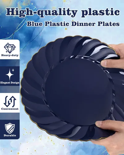 Miniatura 9 de YOUBET Paquete de 50 Platos de Plástico Azul Festoneados - Platos Desechables Azul Marino de 10.25 Pulgadas con Borde Dorado - Plato de Cena Vintage