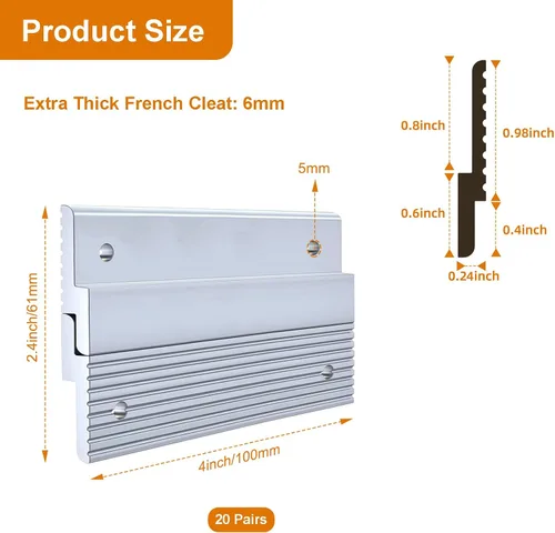 Miniatura 2 de Apragaz Tacos franceses de 4 pulgadas, colgador de fotos y espejo de alta resistencia, mantiene el nivel, aluminio, soporta 50 libras por par, 20