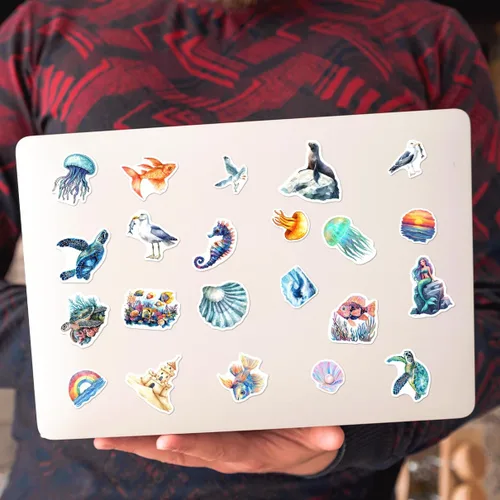 Miniatura 6 de Paquete de calcomanías de vinilo con estética oceánica con sirenas, conchas marinas, criaturas marinas para laptop, botella de agua, álbum