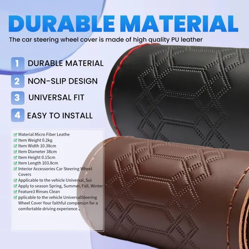Miniatura 3 de Funda para volante de automóvil, ajuste universal, punto redondo, funda fina de piel sintética cosida en volante de automóvil de 15 pulgadas (negro)