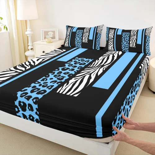 Miniatura 35 de Sábana bajera ajustable con estampado de leopardo, tamaño individual, juego de ropa de cama rústica con rayas de piel de cebra, decoración