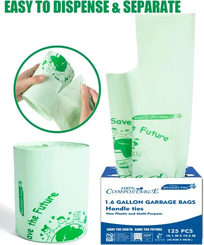 Miniatura 7 de BEIDOU-PAC Bolsas de basura compostables certificadas de 1.6 galones con asa, 125 bolsas de basura pequeñas de compost para cocina, bolsas de basura