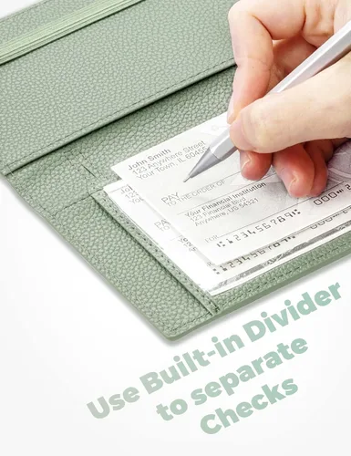 Miniatura 87 de Yarnic Funda para chequera personal, soporte para chequera con soporte para bolígrafo y divisor de plástico transparente integrado para cheques Rosa