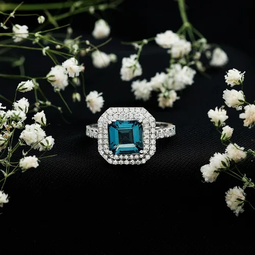 Miniatura 5 de Anillo de compromiso natural de corte Asscher con topacio azul Londres con moissanita, calidad AAA, anillo de compromiso de doble halo certificado