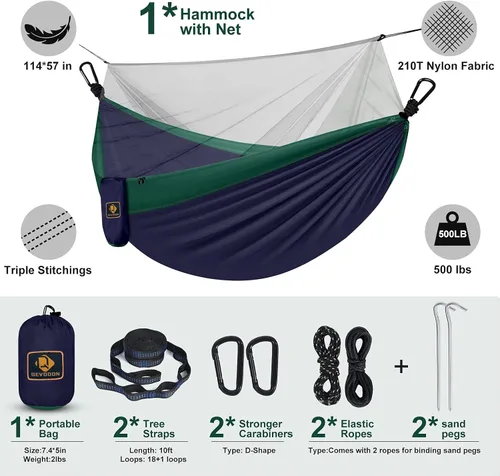 Miniatura 6 de Hamaca de camping con red, hamacas ligeras portátiles de viaje con correas para árboles y mosquetones sólidos en forma de D, hamaca de nailon