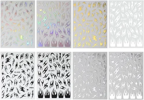Miniatura 2 de 8 hojas de calcomanías de arte de uñas con llama irregular, plateado metálico, negro, blanco, oro, calcomanías autoadhesivas Y2k para diseño de uñas