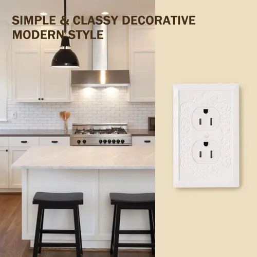 Miniatura 9 de Cubiertas de enchufe decorativas modernas de estilo clásico con diseño en relieve de pétalo, blanco, placa de pared para receptáculo eléctrico