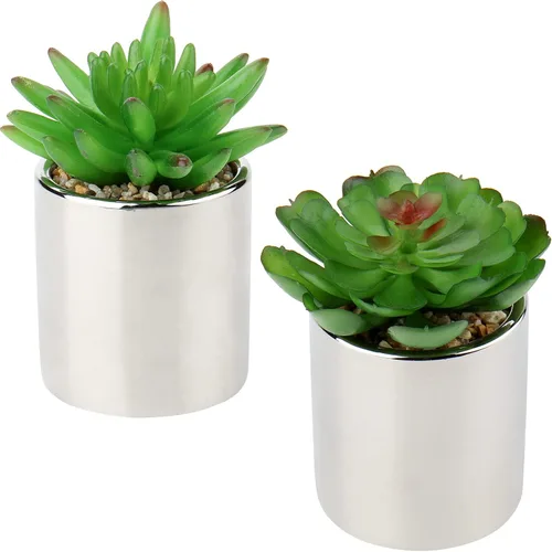 Miniatura 10 de Briful Pequeñas suculentas artificiales en macetas, juego de 2 plantas suculentas realistas con macetas de cerámica doradas, lindas mini plantas
