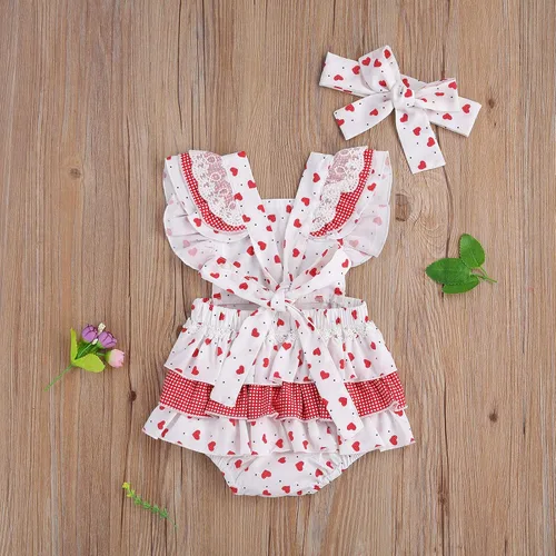 Miniatura 2 de Mono para bebé niña de San Valentín con mangas sin espalda y estampado de corazón con diadema