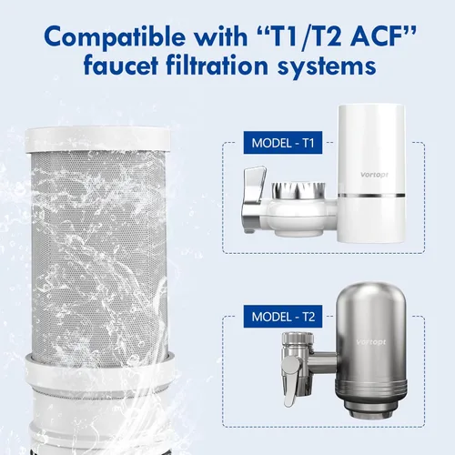 Miniatura 4 de VORTOPT Reemplazo Certificado NSF para Filtro de Agua de Grifo T1-ACF/T2-ACF/T6-CTO, Vida Útil de 3-6 Meses, Reduce Cloro, Sabor y Olor Filtro T1/T2