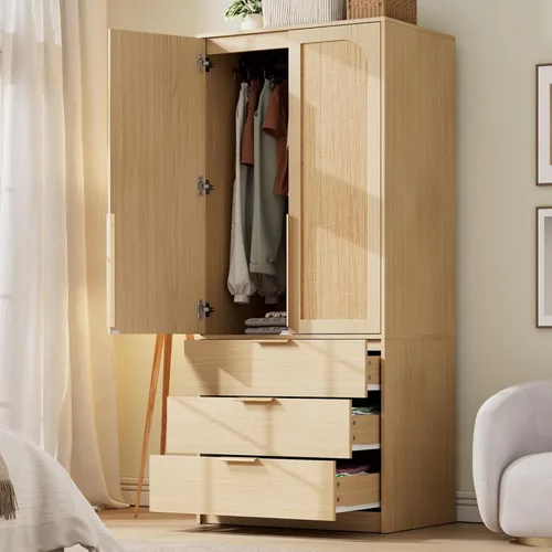 Miniatura 10 de GarveeHome Armario para guardar ropa con cajones, armario de madera de 69.5 pulgadas con barra para colgar, armario de almacenamiento para ropa