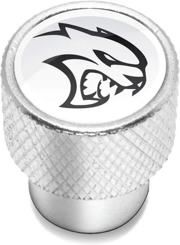 Miniatura 2 de iPick Image Para Dodge SRT Hellcat en blanco sobre tapas de vástago de válvula de neumático de aluminio plateado brillante