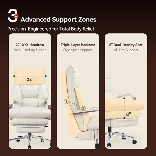 Miniatura 8 de OKUP M76 - Silla de oficina ejecutiva reclinable de 160° con reposapiés, silla de oficina de cuero con profundidad de asiento ajustable, cojín Crema