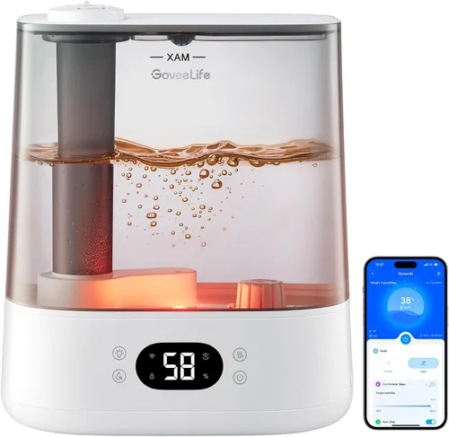 GoveeLife Humidificadores inteligentes para dormitorio, llenado superior de niebla fría de 6 litros para habitación grande, sensor de humedad, modo