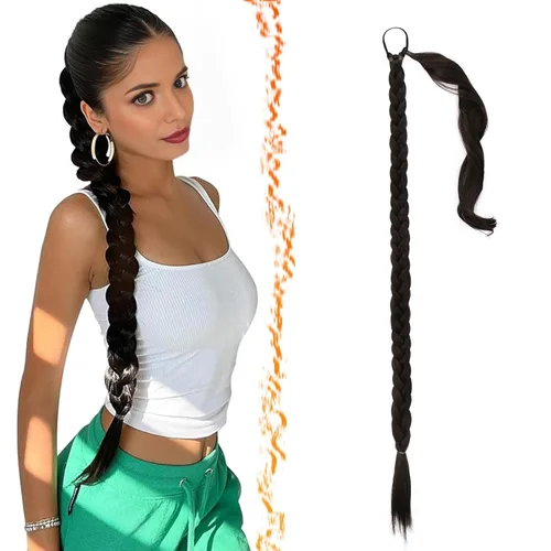 Miniatura 41 de Barsdar Extensión de 26 Pulgadas de Cola de Caballo Trenzada Larga con Banda Elástica - Extensiones de Cabello en Cola de Caballo Recta y Elegante