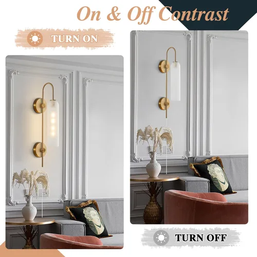 Miniatura 4 de BOKT Apliques de pared modernos de mediados de siglo con enchufe para interiores, largos, oro cepillado, vidrio blanco leche, apliques