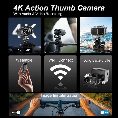 Miniatura 2 de Mini cámara corporal portátil 4K – Cámara de acción magnética tamaño pulgar de 128 GB, estabilización de 6 ejes, grabación de audio/video, POV manos