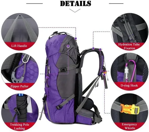 Miniatura 4 de Bseash Mochila impermeable de 60 L para senderismo y campamento con cubierta para lluvia, mochila grande para deportes al aire libre, mochila