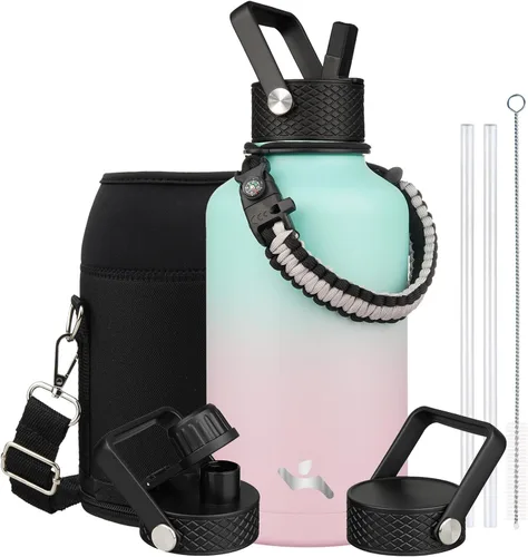 Miniatura 130 de Konokyo - Botella de agua aislada de 18 onzas, botellas deportivas de acero inoxidable con 3 tapas, verde militar