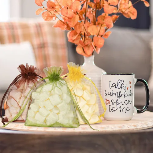 Miniatura 6 de Whaline 120 bolsas de organza de otoño de Acción de Gracias con cordón, naranja, amarillo, verde, marrón, bolsas de regalo de vacaciones, bolsas