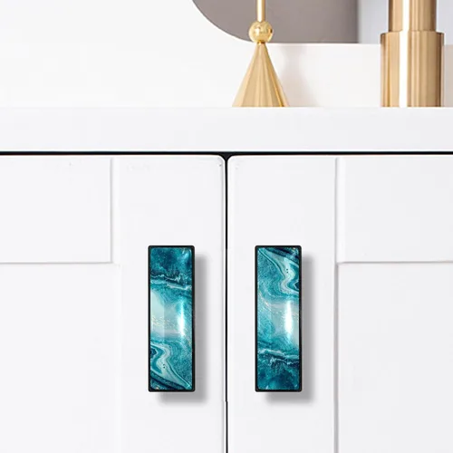 Miniatura 5 de LORVIES Paquete de 4 pomos decorativos de mármol de 3.6 pulgadas para gabinete, vidrio ABS largo rectangular negro, manijas de puerta de cajón