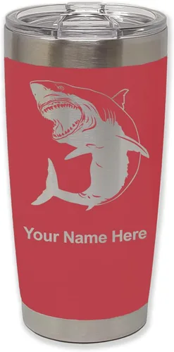 Miniatura 22 de LaserGram Vaso aislado al vacío de 20 onzas, gran tiburón blanco, grabado personalizado incluido (negro)