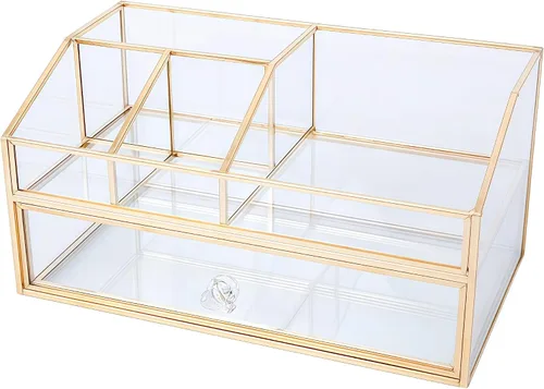 Miniatura 7 de JIARI Organizador de maquillaje de cristal con cajón, caja de exhibición de joyas con marco de latón dorado, almacenamiento de cosméticos