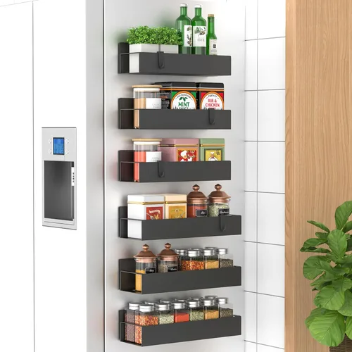 HuggieGems Paquete de 6 organizadores magnéticos de almacenamiento de especias para refrigerador y horno, organizadores negros para nevera y