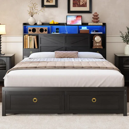 Miniatura 9 de TIGUBFRE Base de cama individual con cabecera de almacenamiento, marco de cama de madera de granja tamaño individual con 3 cajones, luz LED