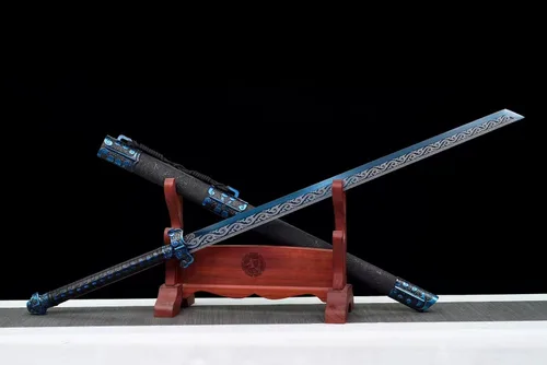 Miniatura 3 de Espada china de acero de alto carbono SJ SHI JIAN dinastía Tang Dao hoja recta con patrón de dragón funda Azul