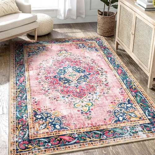 Miniatura 9 de Alfombra de área de 5 x 7 pies para sala de estar, alfombra verde boho antideslizante lavable, alfombra vintage de pelo bajo, alfombra grande