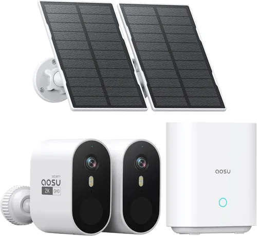 aosu Cámaras de seguridad solares inalámbricas para exteriores, kit de 2 cámaras, sistema de seguridad para el hogar QHD 2K con ángulo ultra amplio