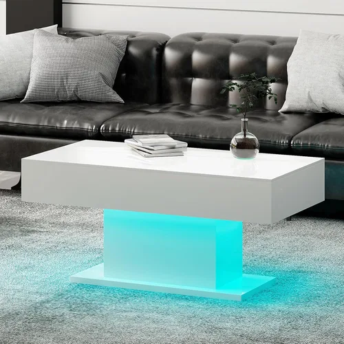 Miniatura 15 de HedoAjim - Mesa de café LED para sala de estar, mesa rectangular central de sala de estar, mesas de café modernas de madera con alto brillo y luces