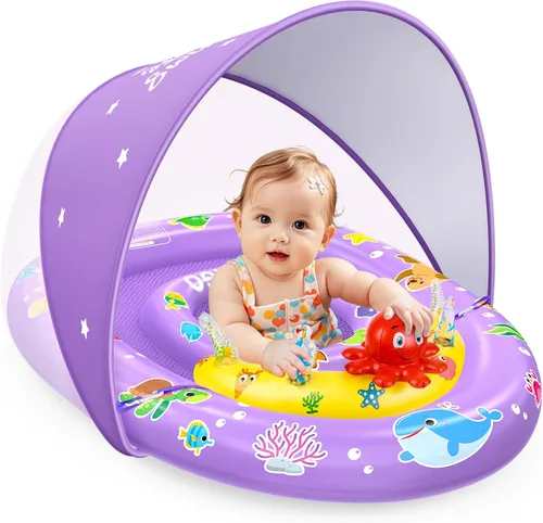 Miniatura 9 de EZIGO Baby Pool Float with Canopy UPF 50+ Sun Protection, Double Air Chambers Infants Swimming Floats with Sound Toys Adjustable Safety Seat Toddler