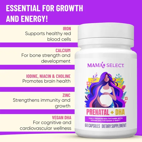Miniatura 5 de Vitaminas prenatales Mama's Select con DHA vegano – Sin pescado, sin eructos de pescado, sin alérgenos, apoyo MTHFR, ácido fólico metilado