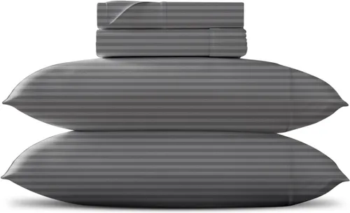 Miniatura 45 de TEXAS LINEN CO. Juego de sábanas de algodón egipcio Split King - 600 número de hilos, 5 piezas, sábanas blancas para cama ajustable, fibra 19: Raya