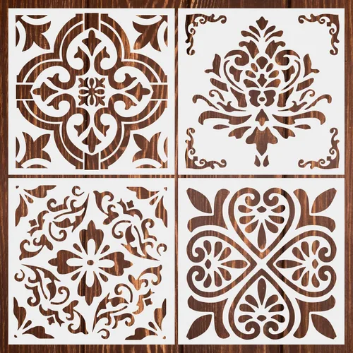 Plantillas de azulejos de 12 pulgadas – 4 plantillas reutilizables con patrón de flores para pared y suelo de pared, manualidades, álbumes de