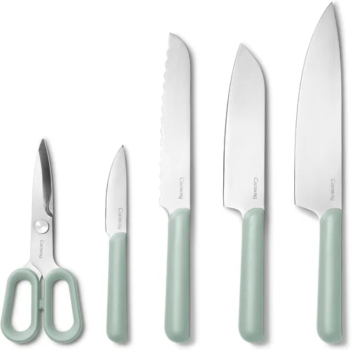 Miniatura 11 de Caraway Juego de 5 cuchillos de cocina alemanes de alta calidad con hoja de acero alemán, asas ergonómicas, sin microplásticos, color azul marino
