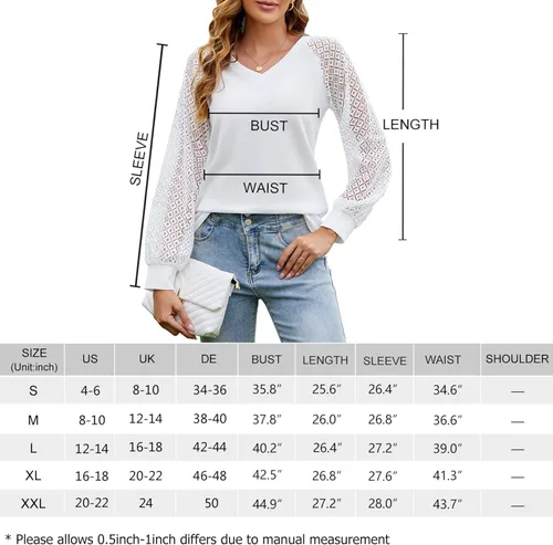 Miniatura 4 de MINTLIMIT Blusa de manga larga con encaje para mujer, estilo informal, elegante, de verano, holgada, de punto, cuello en V, sin botones