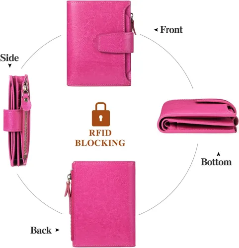 Miniatura 4 de FALAN MULE Cartera pequeña para mujer, de piel auténtica, plegable, compacta, con bloqueo RFID, pequeña cartera para mujer, Rosa Rojo, Casual