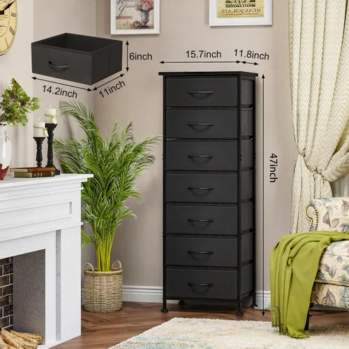 Miniatura 3 de Fixwal Cómoda negra alta y delgada para dormitorio, organizador de almacenamiento estrecho con 7 cajones de tela, muebles de mesita de noche