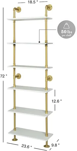 Miniatura 2 de ZIOTHUM Estantería dorada de 6 niveles, estantes blancos y dorados, estantes modernos, estantería de metal abierta de mediados de siglo, detalles