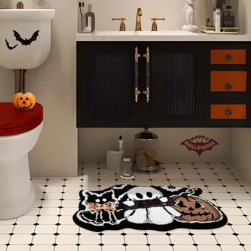 Miniatura 4 de Tapete de baño de gato negro, fantasma, calabaza, 21 x 32 pulgadas, suave y absorbente, tapete de baño de Halloween, antideslizante, lavable