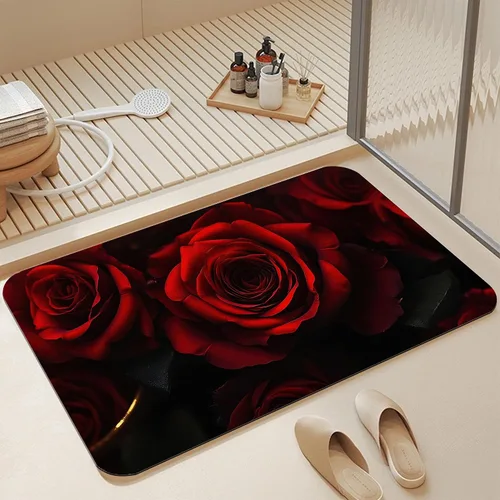 Miniatura 16 de Alfombras de baño de diatomáceas, bonita decoración de baño de gatos, alfombra de baño antideslizante con flores rosadas, de secado rápido, fácil