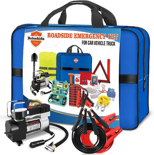 Kit de emergencia para automóvil, kit de herramientas de emergencia en carretera para vehículos y camiones con compresor de aire, cables de puente,