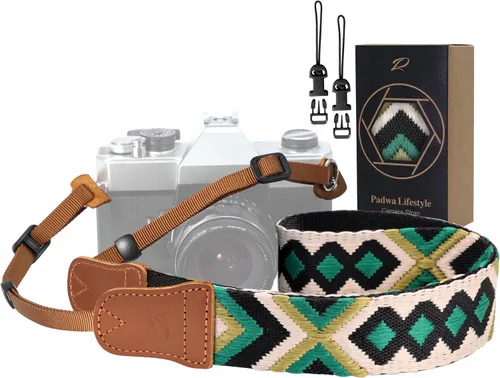 Miniatura 12 de Padwa Lifestyle Correa de cámara con rayas - 1.5" Correa suave de cuerda trenzada de algodón con cabezal de cuero vacuno Crazy Horse para el hombro