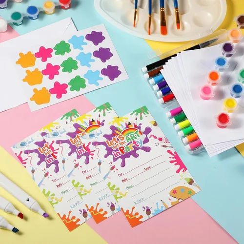 Miniatura 5 de Pajean Juego de 24 invitaciones de fiesta de pintura artística con sobres, tarjetas de cumpleaños coloridas, letras de invitación temáticas