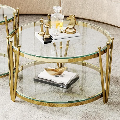 Mesa de centro redonda de cristal dorado de 31.5 pulgadas para sala de estar, diseño moderno de corona de acero inoxidable, mesa de centro pequeña