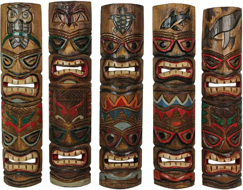 Miniatura 15 de Zeckos Juego de 2 máscaras de pared Tiki de madera tallada a mano, 39 pulgadas de alto, acabado envejecido pintado, esculturas de pared para sala