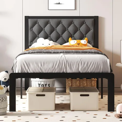Miniatura 12 de Fluest Base de cama individual con cabecero, tapizada en cuero PU, marco de plataforma con soporte de listones metálicos, con espacio de Negro